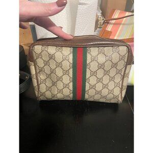 B324 -  Gucci GG Supreme Web Sherry Line clutch bag in beige PVC and brown leath